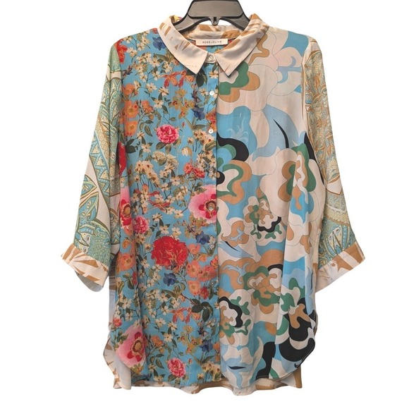 Rose + Olive Tops - Rose + Olive Mixed Floral Abstract Print Button Down Blouse Blue Tan 3/4 Sleeve